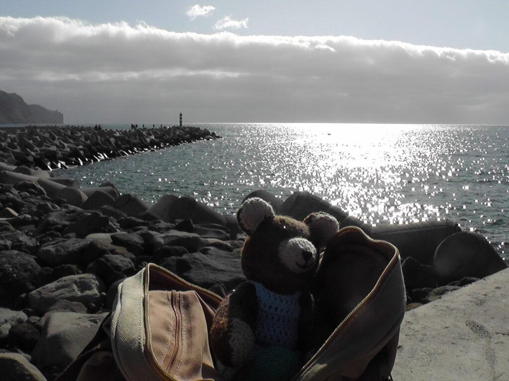 Strickteddy Brummla im Rucksack mit Blick auf den Atlantik